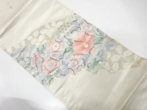 作家物　銀通し　手描き　椿に菊模様　袋帯